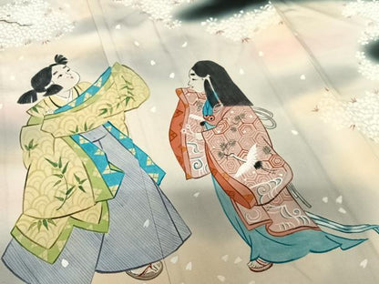 平和屋着物●豪華黒留袖 手描き 人物文 舞桜 暈し染め 正絹 逸品 AABC4821zg