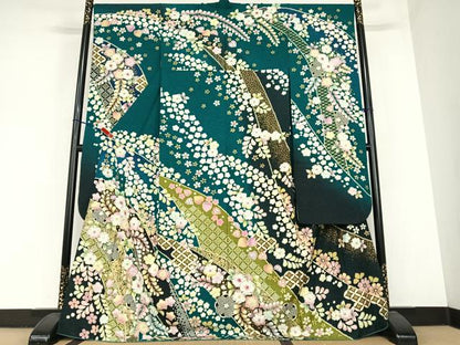 平和屋着物●越後十日町の一流染匠 桐屋・翠山工房 徳永憲峯 振袖 辻が花 絞り 暈し染め 金彩 銀通し地 ロング丈 正絹 逸品 AABC4822zg