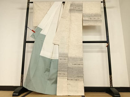 平和屋着物●ぜんまい紬 訪問着 横段花文 正絹 逸品 AABC4837zg