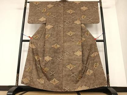 平和屋着物●上質な紬　草花文　正絹　逸品　AABC4877zg