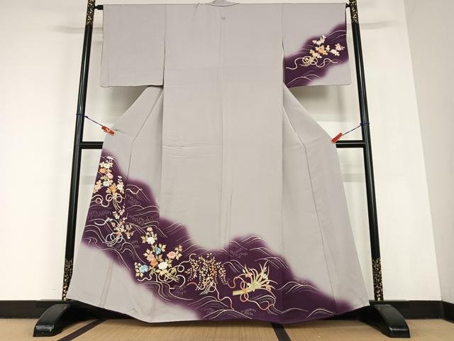 平和屋着物●訪問着 友禅 刺繍 立波花文 暈し染め 金糸 正絹 逸品 AABC4949zg