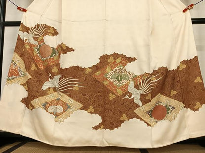 平和屋着物●豪華色留袖　駒刺繍　鳳凰花菱文　金彩　正絹　逸品　AABC4954zg