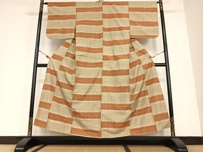 平和屋着物●上質な紬　段違い文　正絹　逸品　AABC4966zg