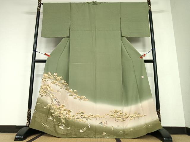 平和屋着物●色留訪問着　作家物　渡橋人物草花文　暈し染め　金彩　正絹　逸品　AABC5034zg