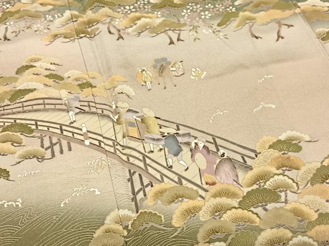 平和屋着物●色留訪問着　作家物　渡橋人物草花文　暈し染め　金彩　正絹　逸品　AABC5034zg
