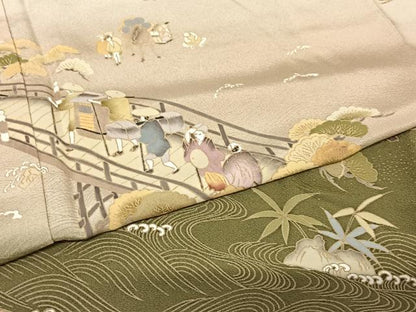平和屋着物●色留訪問着　作家物　渡橋人物草花文　暈し染め　金彩　正絹　逸品　AABC5034zg