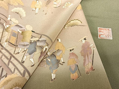 平和屋着物●色留訪問着　作家物　渡橋人物草花文　暈し染め　金彩　正絹　逸品　AABC5034zg