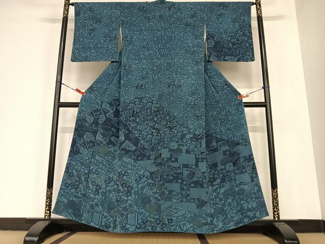 平和屋着物●本藍 型染め 訪問着 草花文 正絹 逸品 AABC5120zg