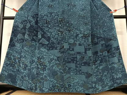 平和屋着物●本藍 型染め 訪問着 草花文 正絹 逸品 AABC5120zg