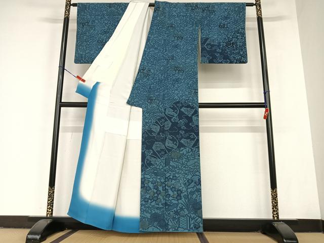 平和屋着物●本藍 型染め 訪問着 草花文 正絹 逸品 AABC5120zg