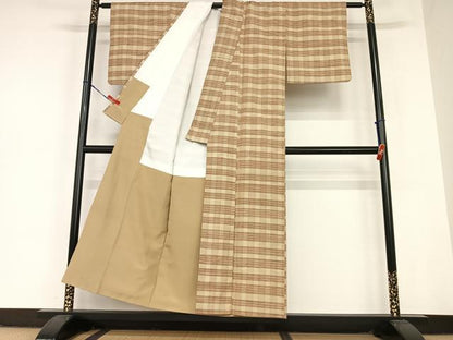 平和屋着物●上質な紬　格子　正絹　逸品　AABC5121zg