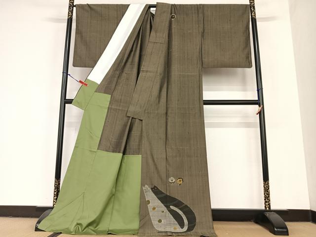 平和屋着物●宮繍苑里葉 紬 訪問着 ネコ 胴抜き仕立て ロング丈 正絹 逸品 AABC5137zg