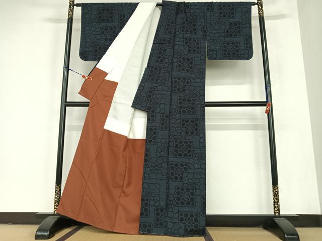平和屋着物●結城紬　80亀甲　色紙花文　正絹　逸品　未使用　AABC5141zg