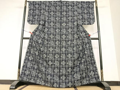 平和屋着物●上質な紬 格子花文 正絹 逸品 AABC5148zg