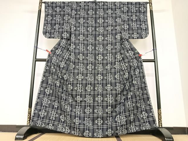 平和屋着物●上質な紬 格子花文 正絹 逸品 AABC5148zg