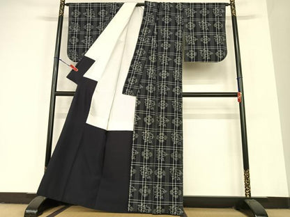 平和屋着物●上質な紬 格子花文 正絹 逸品 AABC5148zg