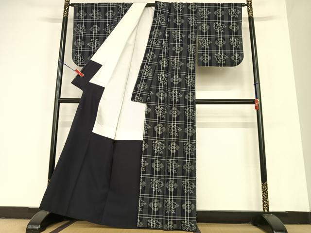 平和屋着物●上質な紬 格子花文 正絹 逸品 AABC5148zg