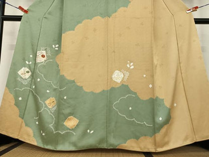 平和屋着物●訪問着 絞り 刺繍 破れ色紙花文 光琳菊 金彩 正絹 逸品 AABC5157zg