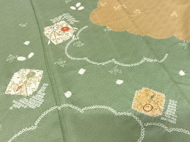 平和屋着物●訪問着 絞り 刺繍 破れ色紙花文 光琳菊 金彩 正絹 逸品 AABC5157zg