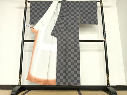 平和屋着物●上質な小紋 市松文様 さが美扱い 正絹 逸品 AABC5175zg
