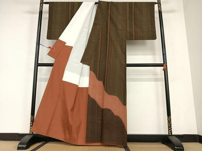 平和屋着物●上質な紬 訪問着 絞り よろけ縞 正絹 逸品 AABC5180zg