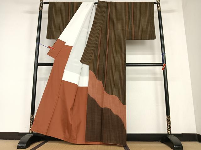 平和屋着物●上質な紬 訪問着 絞り よろけ縞 正絹 逸品 AABC5180zg