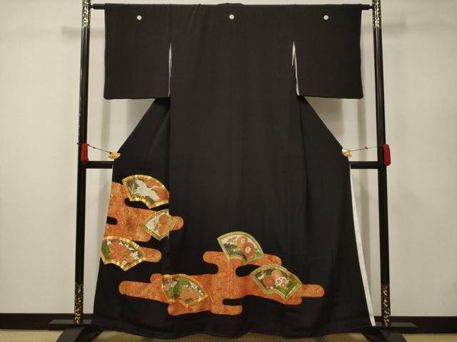 平和屋着物■豪華黒留袖　駒刺繍　地紙飛鶴花文　金彩　正絹　逸品　AABC5228sx