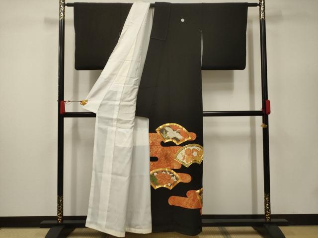 平和屋着物■豪華黒留袖　駒刺繍　地紙飛鶴花文　金彩　正絹　逸品　AABC5228sx