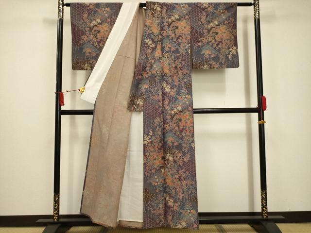 平和屋着物▽小紋 単衣 流水鴛鴦花文 金彩 洗える着物 AABC5274sx