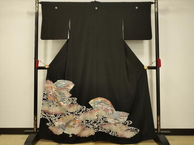 平和屋着物■豪華黒留袖　駒刺繍　流水扇面風景文　金銀彩　正絹　逸品　AABC5291sx
