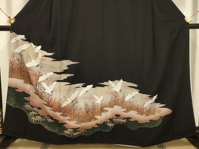 平和屋着物■豪華黒留袖　飛鶴風景文　金彩　正絹　逸品　AABC5293sx