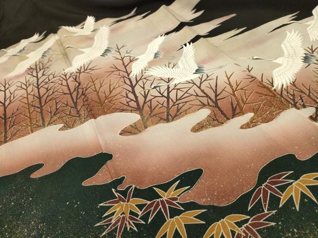 平和屋着物■豪華黒留袖　飛鶴風景文　金彩　正絹　逸品　AABC5293sx