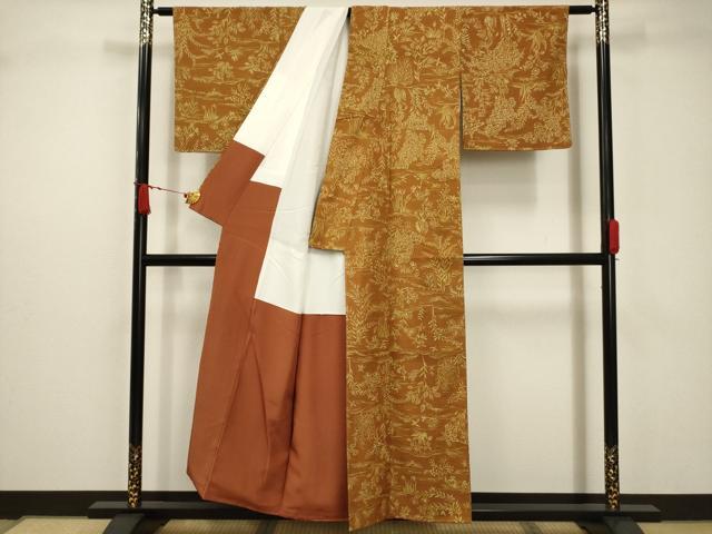平和屋着物■上質な紬　流水草花文　正絹　逸品　AABC5450sx