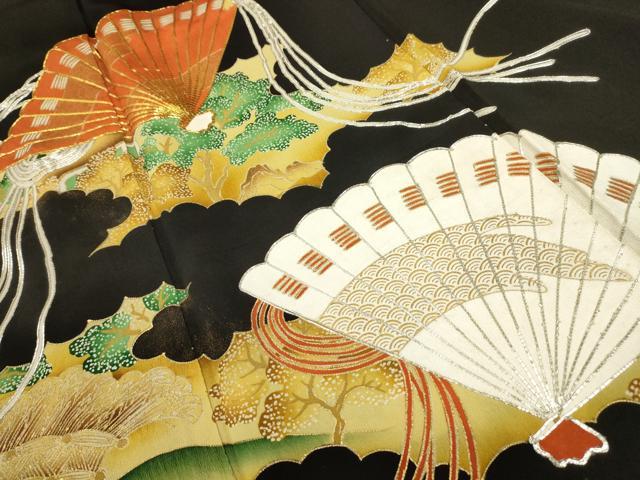 平和屋着物■豪華黒留袖　駒刺繍　扇面風景文　金彩　正絹　逸品　AABC5549sx