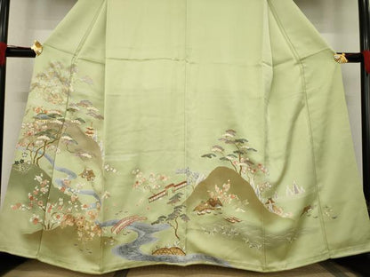 平和屋着物●千くさ染繍　訪問着　駒刺繍　遠山流水風景文　金彩　正絹　逸品　AABC5611ck
