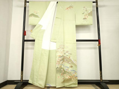 平和屋着物●千くさ染繍　訪問着　駒刺繍　遠山流水風景文　金彩　正絹　逸品　AABC5611ck