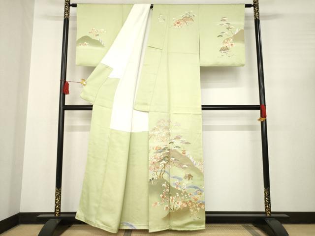 平和屋着物●千くさ染繍　訪問着　駒刺繍　遠山流水風景文　金彩　正絹　逸品　AABC5611ck