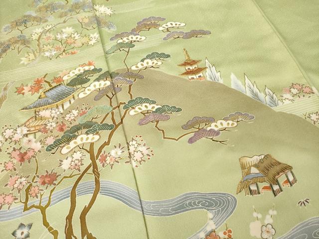平和屋着物●千くさ染繍　訪問着　駒刺繍　遠山流水風景文　金彩　正絹　逸品　AABC5611ck