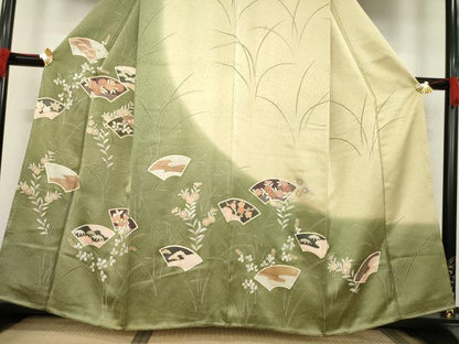 平和屋着物●訪問着 駒刺繍 地紙花文 暈し染め 金彩 正絹 逸品 未使用 AABC5626ck