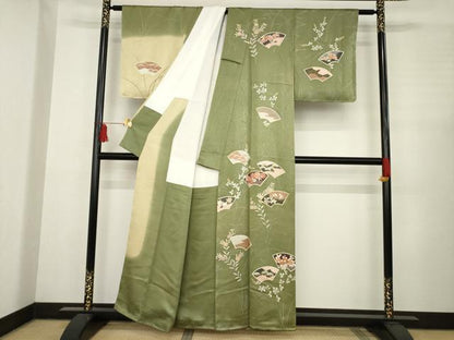 平和屋着物●訪問着 駒刺繍 地紙花文 暈し染め 金彩 正絹 逸品 未使用 AABC5626ck
