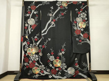 平和屋着物●豪華振袖 駒刺繍 絞り 枝花文 黒地 金彩 ロング丈 正絹 逸品 AABC5631ck