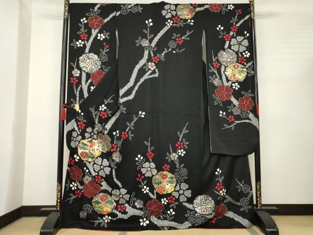 平和屋着物●豪華振袖 駒刺繍 絞り 枝花文 黒地 金彩 ロング丈 正絹 逸品 AABC5631ck