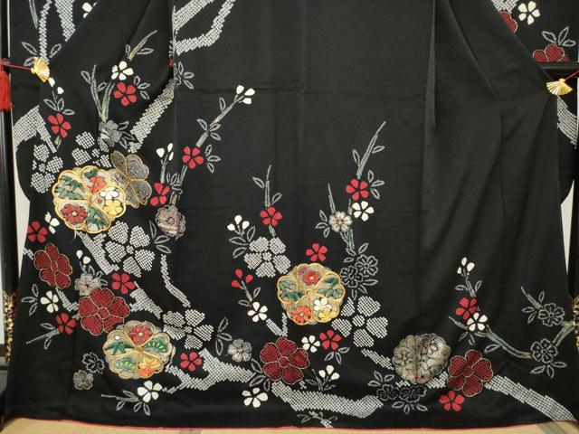 平和屋着物●豪華振袖 駒刺繍 絞り 枝花文 黒地 金彩 ロング丈 正絹 逸品 AABC5631ck