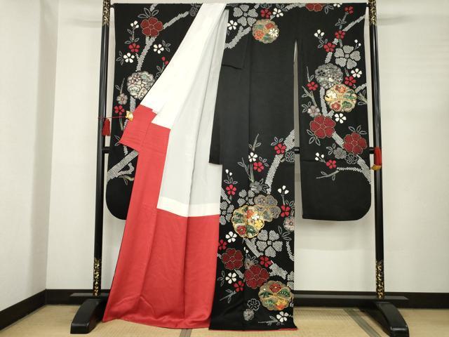 平和屋着物●豪華振袖 駒刺繍 絞り 枝花文 黒地 金彩 ロング丈 正絹 逸品 AABC5631ck