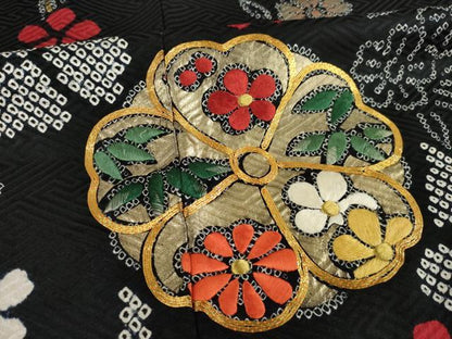平和屋着物●豪華振袖 駒刺繍 絞り 枝花文 黒地 金彩 ロング丈 正絹 逸品 AABC5631ck