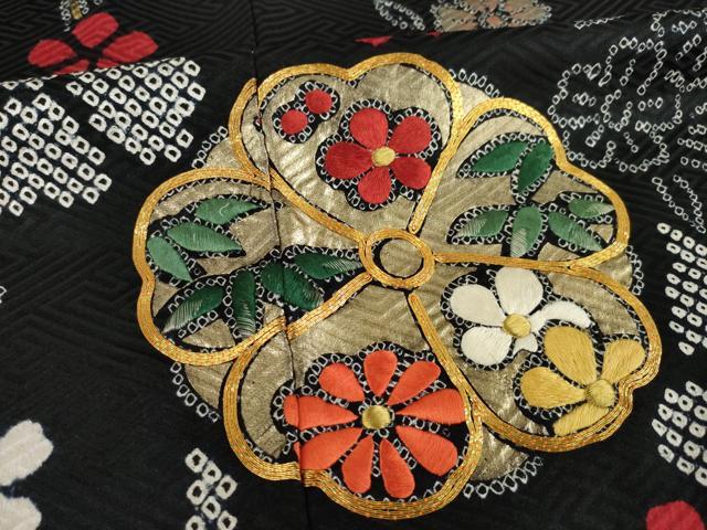 平和屋着物●豪華振袖 駒刺繍 絞り 枝花文 黒地 金彩 ロング丈 正絹 逸品 AABC5631ck