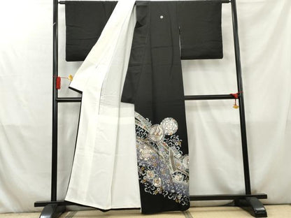 平和屋着物●伝統工芸士 村井紀夫 豪華黒留袖 正倉院花鳥文 暈し染め 金銀彩 正絹 逸品 AABC5692cs