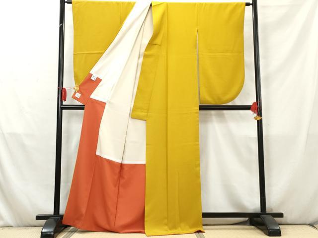 平和屋着物●小振袖 二尺袖 色無地 鬱金色 洗える着物 AABC5779cs