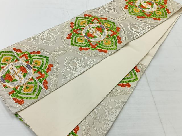 平和屋着物◎六通柄袋帯 唐織 双鶴花文 金銀糸 正絹 逸品 AABC5845uk