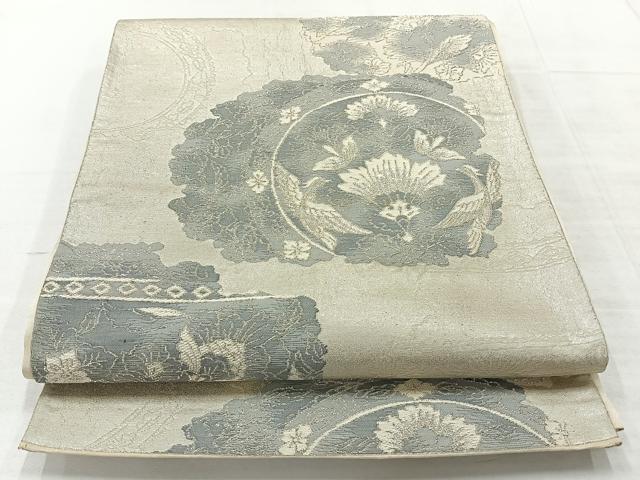 平和屋着物◎六通柄袋帯 花鳥文 銀糸 正絹 逸品 AABC5863uk
